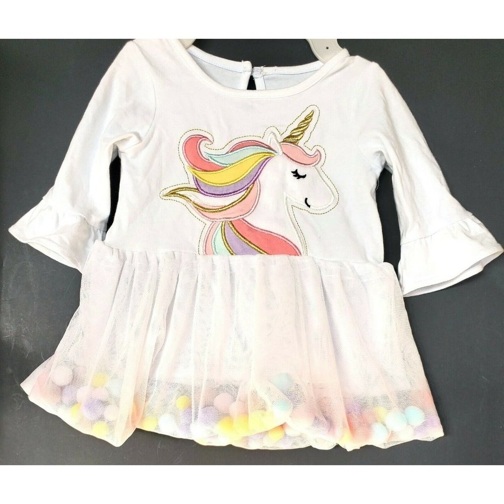 Baby Starters WHITE UNICORN DRESS w/ pompom tulle skirt 18 month toddler 24-27#